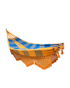 Rede de Descanso de Luxo Xadrez Mesclado Amarelo, Laranja, Azul Marinho e Azul Piscina - Varanda em Macramê