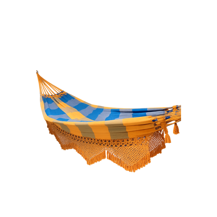 Rede de Descanso de Luxo Xadrez Mesclado Amarelo, Laranja, Azul Marinho e Azul Piscina - Varanda em Macramê