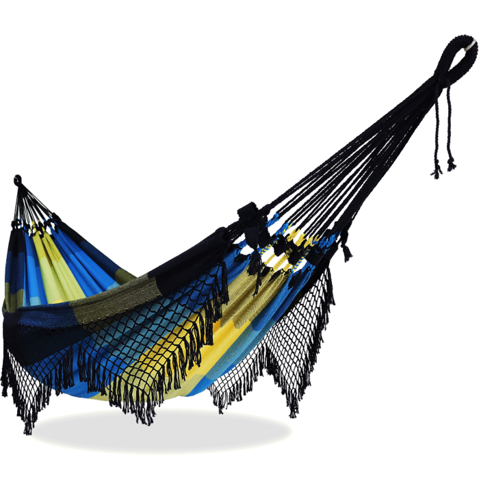 Rede de Descanso Intermediária Xadrez Preto, Azul Turquesa e Amarelo - Varanda Simples - Acabamento Preto