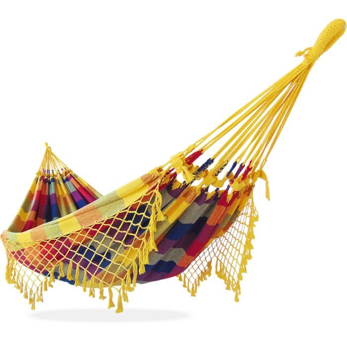 Rede de Descanso Simples Xadrez Amarelo, Vermelho e Azul Marinho - Acabamento Amarelo