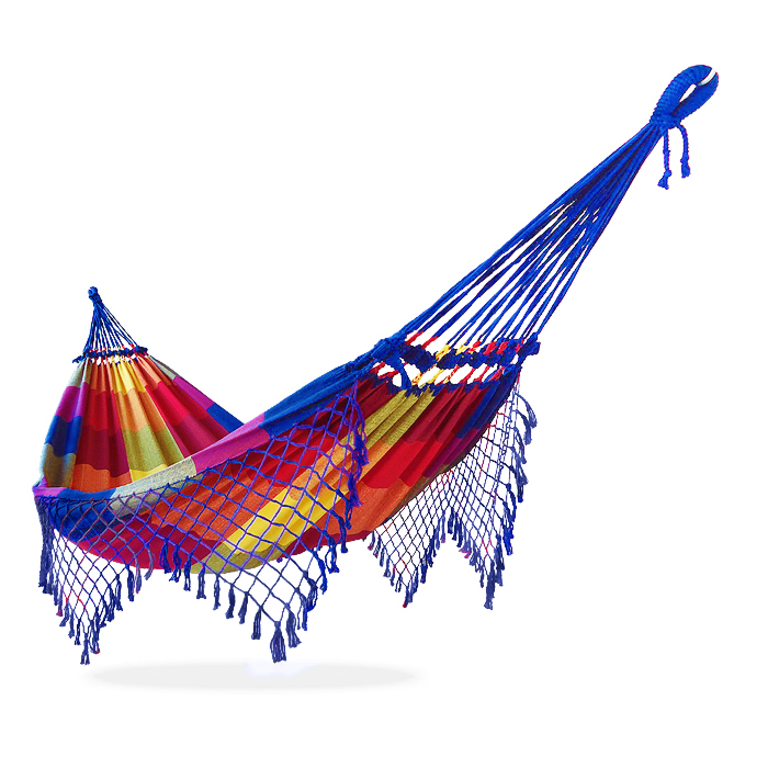 Rede de Descanso Simples Xadrez Azul Caneta, Vermelho e Amarelo - Acabamento Azul Caneta
