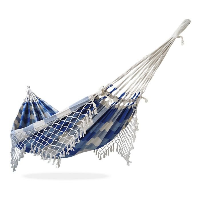 Rede de Descanso Simples Xadrez Cru e Azul Caneta - Acabamento Cru