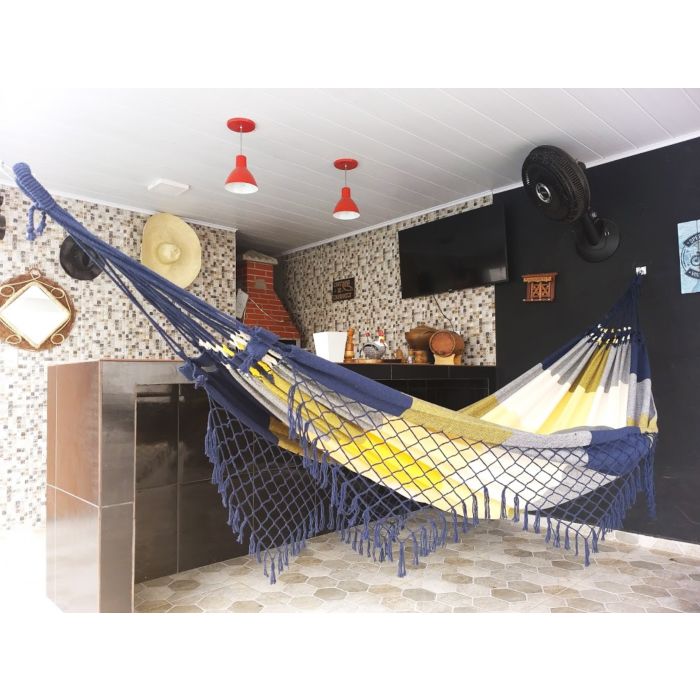 Rede de Descanso Simples Xadrez Azul Marinho, Amarelo e Cru - Acabamento Azul Marinho