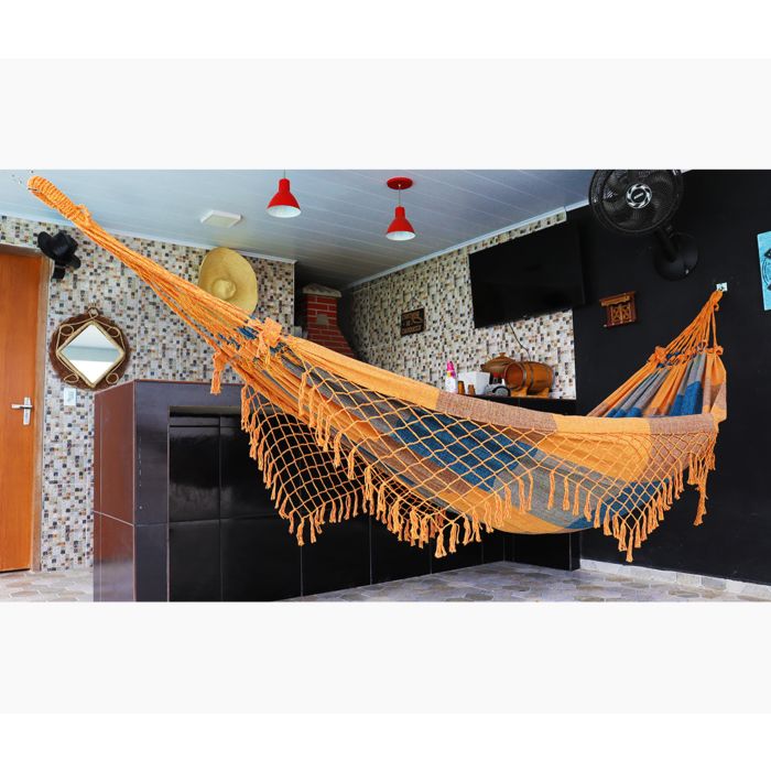 Rede de Descanso Simples Xadrez Mesclado Amarelo, Laranja, Azul Marinho e Azul Piscina - Acabamento Mesclado Amarelo e Laranja
