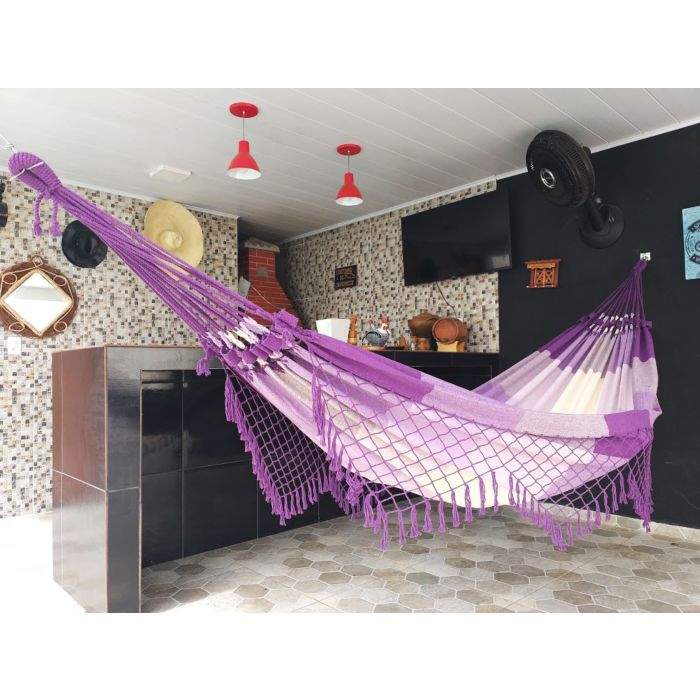 Rede de Descanso Simples Xadrez Roxo, Lilás e Cru - Acabamento Roxo
