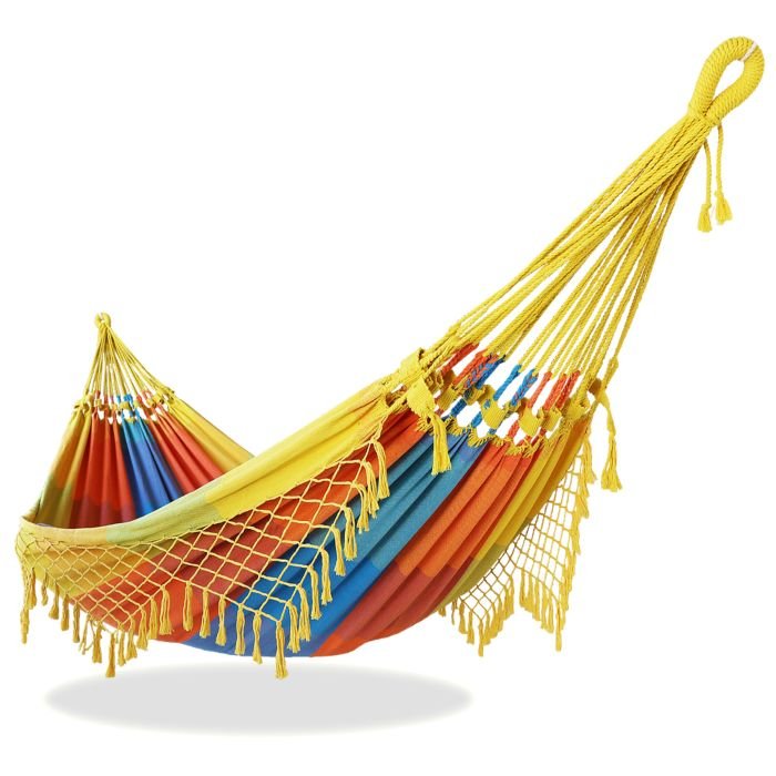Rede de Descanso Simples Xadrez Amarelo, Laranja e Azul Piscina - Acabamento Amarelo